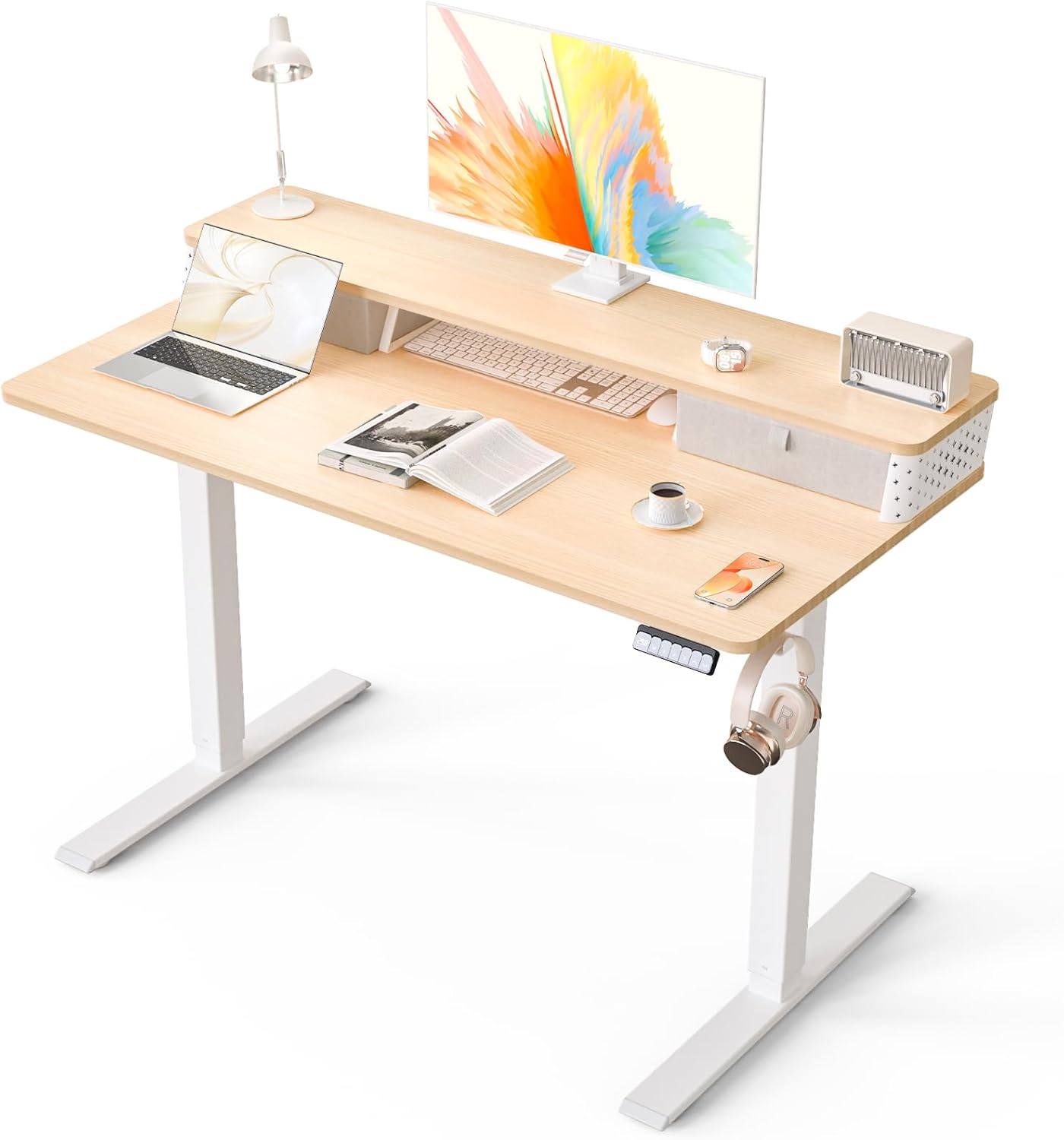 Electric Standing Desk with 2 Drawers 35''x 20'' Small Adjustable Height Sit to Stand Up Desk with Storage Shelf, C-Clamp Mount Compatible White Home Office Desks Computer Desk Ergonomic Workstation