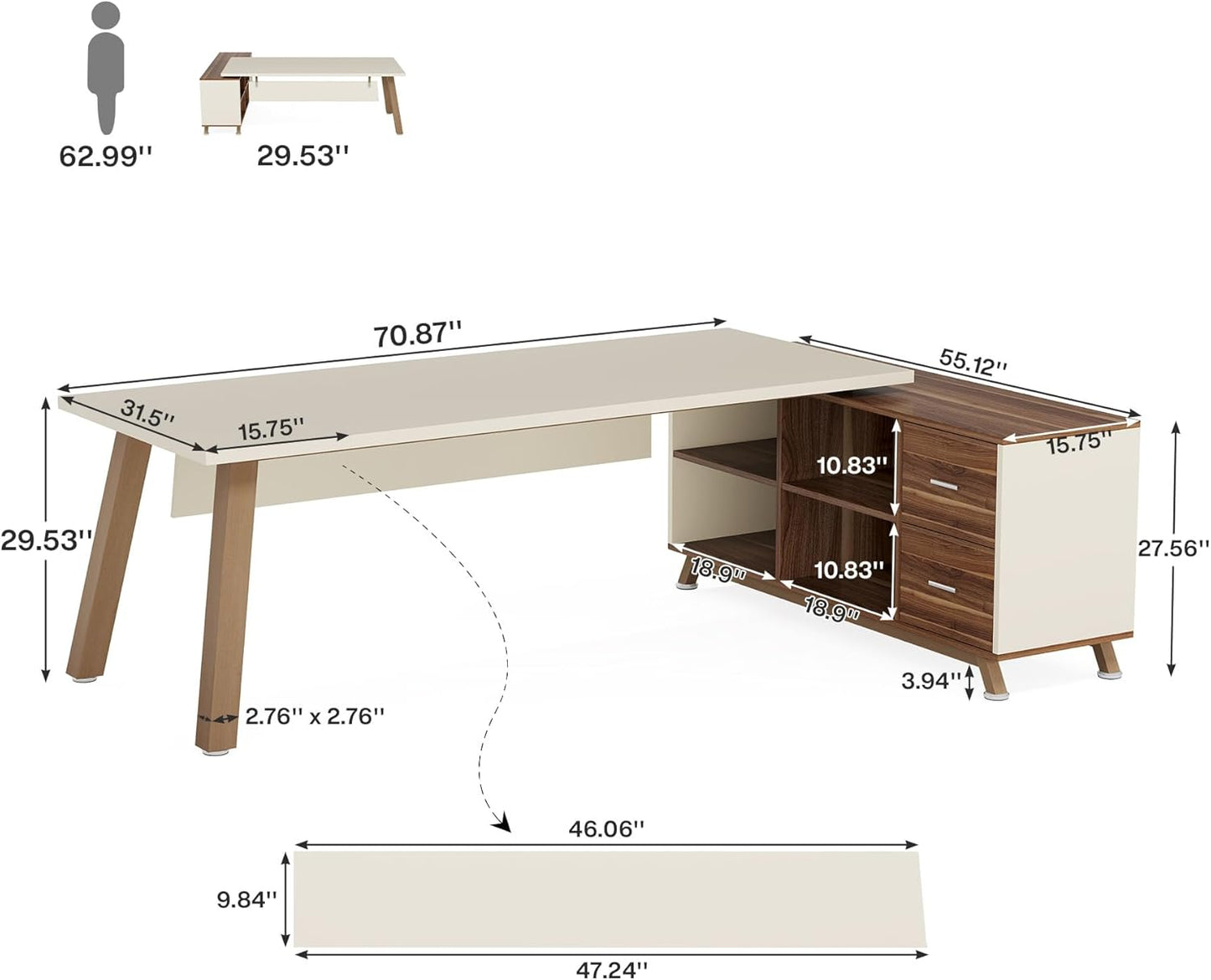 Tribesigns 78.7-Inch Executive Desk, L-Shaped Desk with 55-Inch Cabinet, Large Office Desk with Storage Shelves, Modern Computer Desk for Home Office, Walnut & White