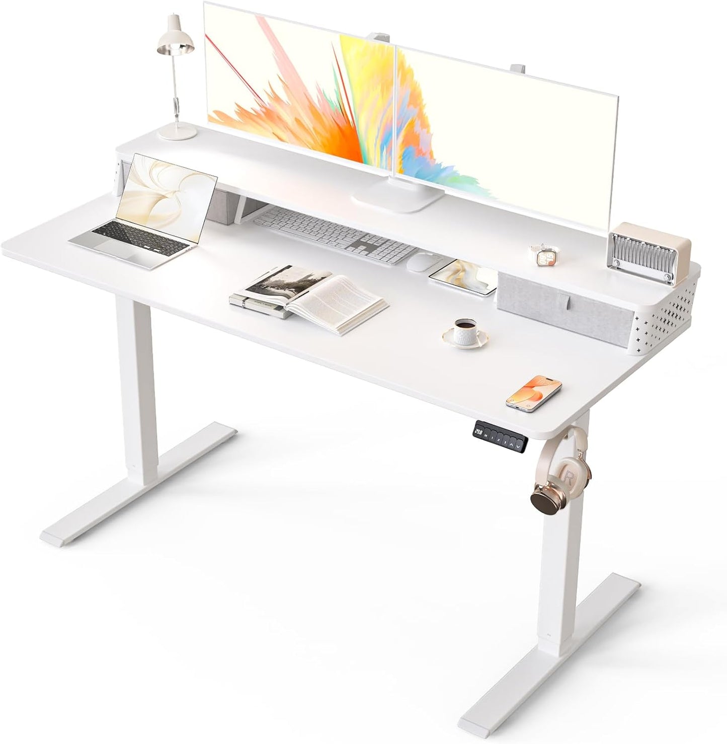 Electric Standing Desk with 2 Drawers 35''x 20'' Small Adjustable Height Sit to Stand Up Desk with Storage Shelf, C-Clamp Mount Compatible White Home Office Desks Computer Desk Ergonomic Workstation