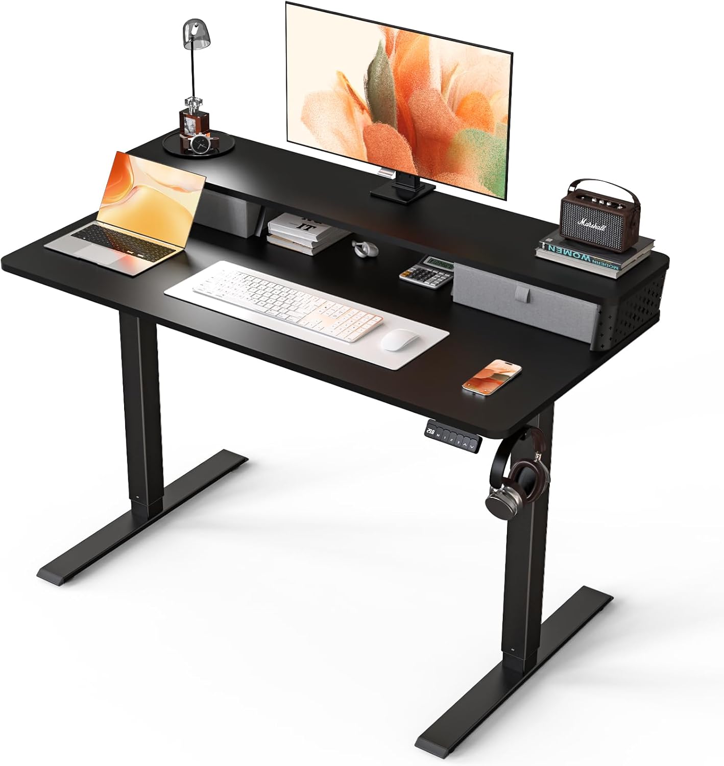 Electric Standing Desk with 2 Drawers 35''x 20'' Small Adjustable Height Sit to Stand Up Desk with Storage Shelf, C-Clamp Mount Compatible White Home Office Desks Computer Desk Ergonomic Workstation