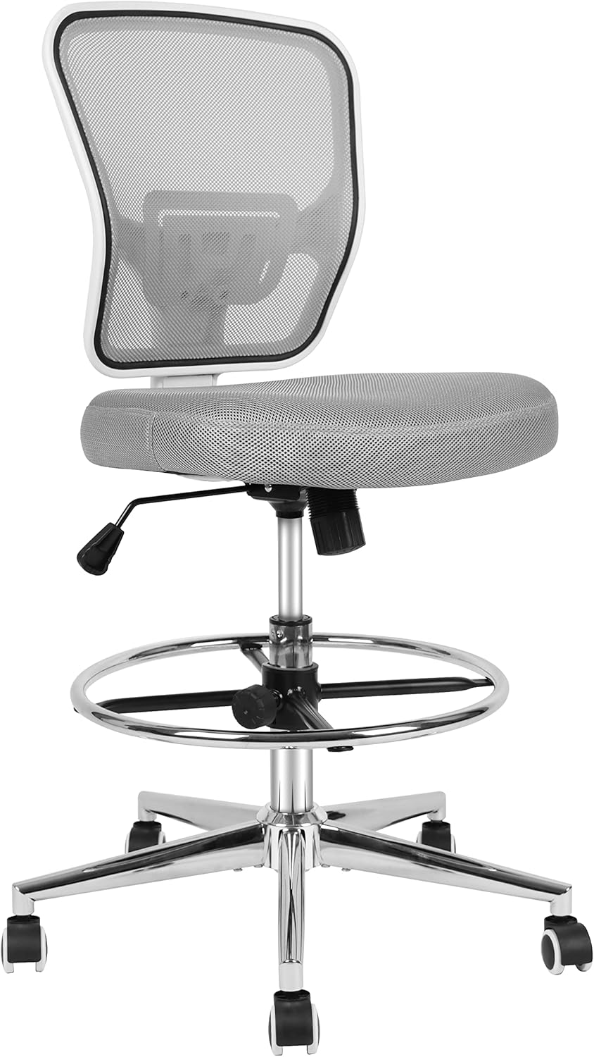 Armless Drafting Chair Tall Office Chair Adjustable Height High Back Ergonomic Desk Chair Drafting Stool Rolling Bar Stools Chairs with Footrest and Wheels