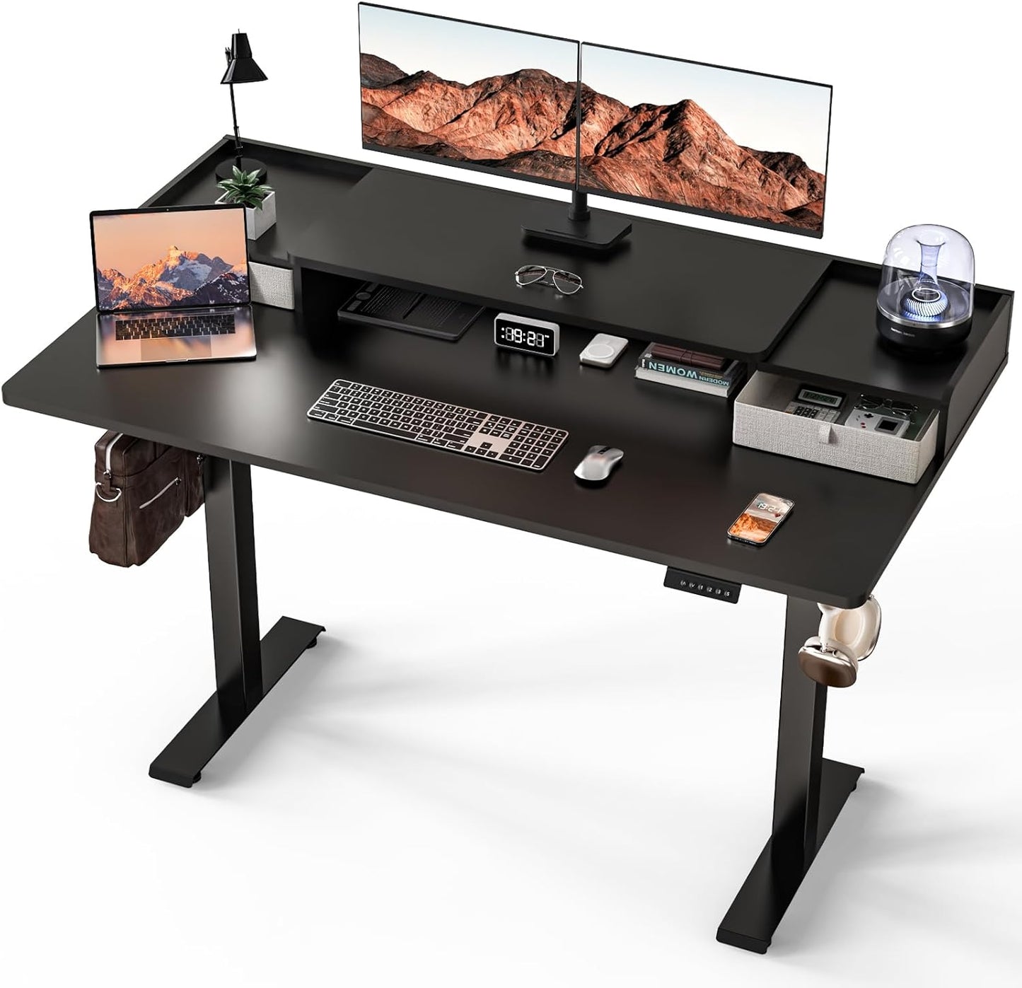 Electric Standing Desk with 2 Drawers 35''x 20'' Small Adjustable Height Sit to Stand Up Desk with Storage Shelf, C-Clamp Mount Compatible White Home Office Desks Computer Desk Ergonomic Workstation