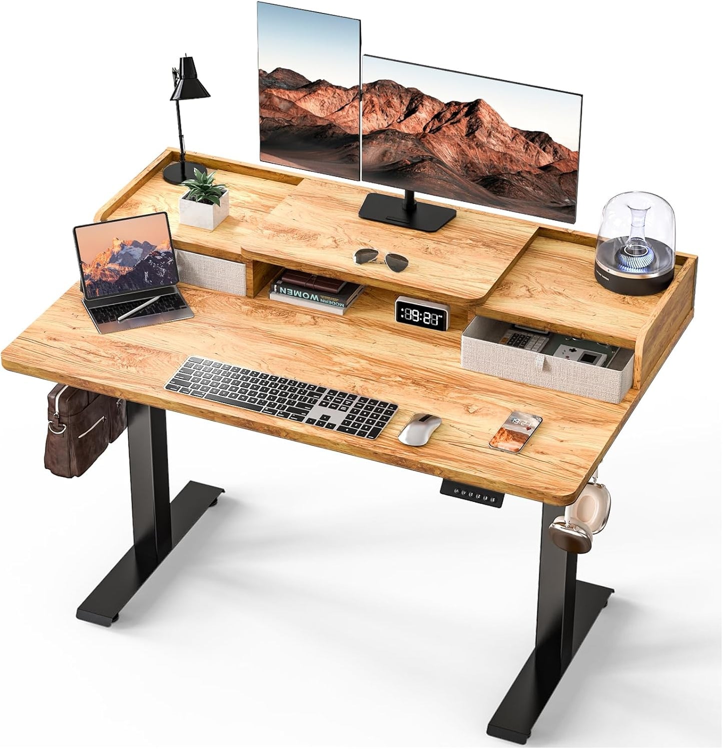 Electric Standing Desk with 2 Drawers 35''x 20'' Small Adjustable Height Sit to Stand Up Desk with Storage Shelf, C-Clamp Mount Compatible White Home Office Desks Computer Desk Ergonomic Workstation