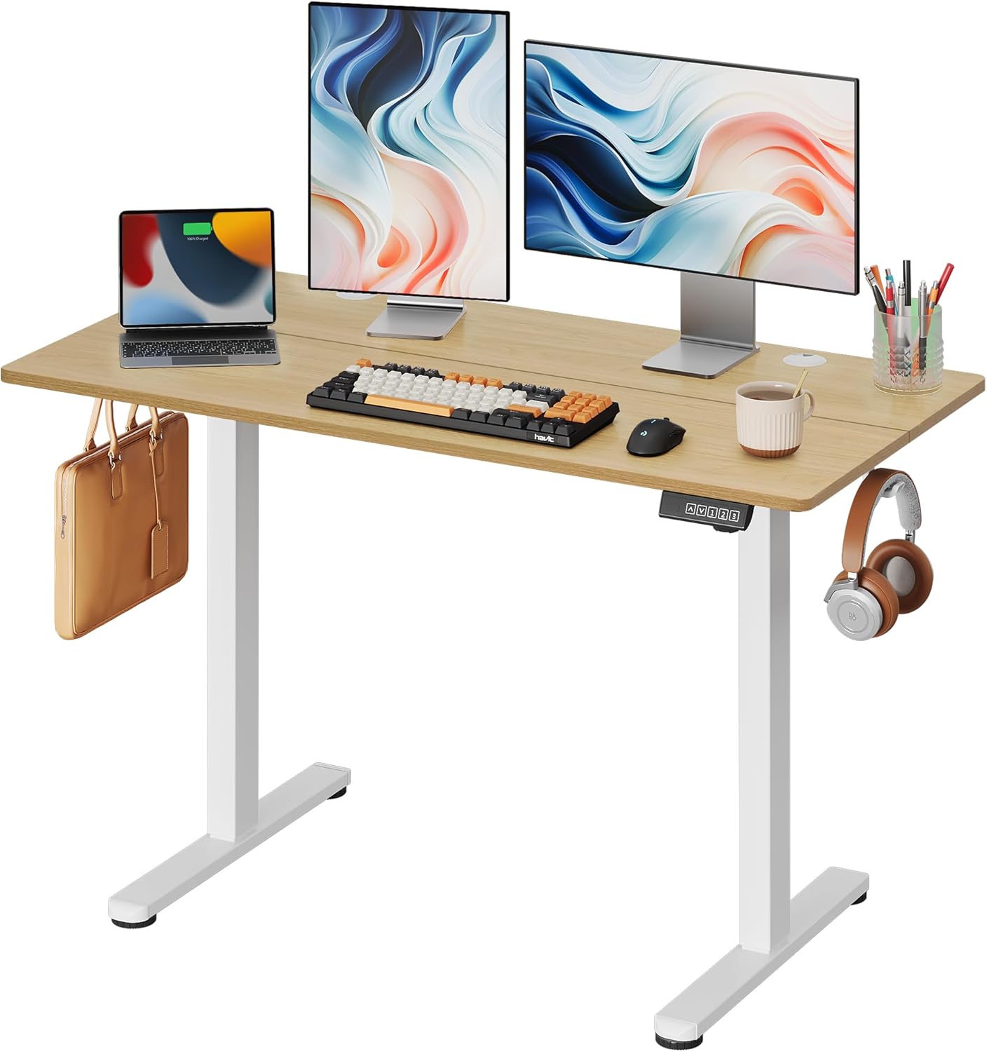 DEVAISE Electric Standing Desk, 63 X 28 Inches Adjustable Height Stand up Desk for Home Office, Large Ergonomic Sit to Stand Desk with Headphone Hook, 3 Memory Preset Computer Desk, Maple