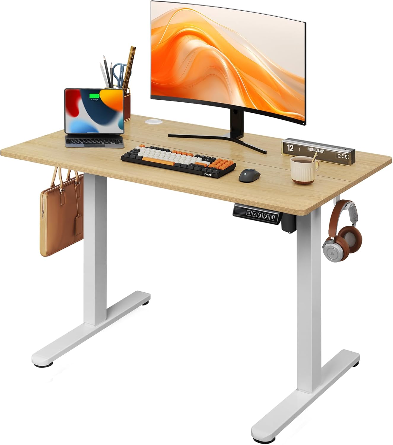 DEVAISE Electric Standing Desk, 63 X 28 Inches Adjustable Height Stand up Desk for Home Office, Large Ergonomic Sit to Stand Desk with Headphone Hook, 3 Memory Preset Computer Desk, Maple