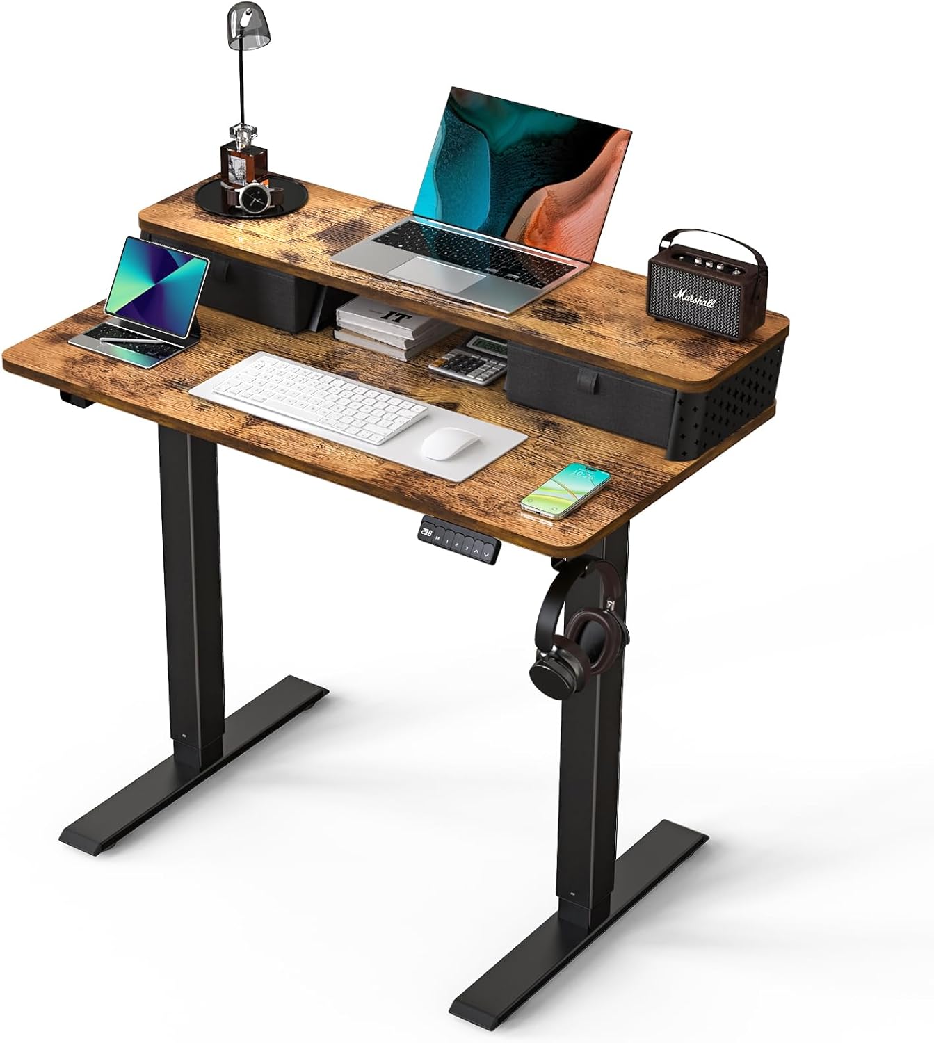 Electric Standing Desk with 2 Drawers 35''x 20'' Small Adjustable Height Sit to Stand Up Desk with Storage Shelf, C-Clamp Mount Compatible White Home Office Desks Computer Desk Ergonomic Workstation