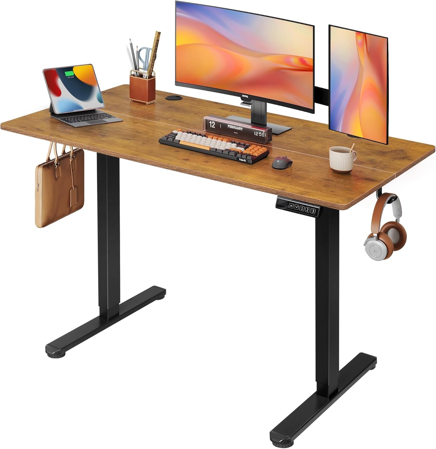 DEVAISE Electric Standing Desk, 63 X 28 Inches Adjustable Height Stand up Desk for Home Office, Large Ergonomic Sit to Stand Desk with Headphone Hook, 3 Memory Preset Computer Desk, Maple