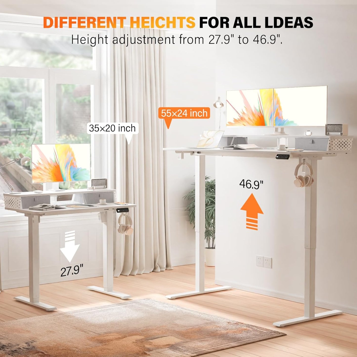Electric Standing Desk with 2 Drawers 35''x 20'' Small Adjustable Height Sit to Stand Up Desk with Storage Shelf, C-Clamp Mount Compatible White Home Office Desks Computer Desk Ergonomic Workstation
