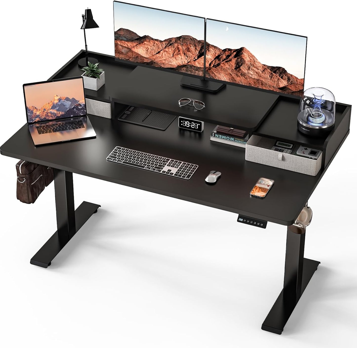 Electric Standing Desk with 2 Drawers 35''x 20'' Small Adjustable Height Sit to Stand Up Desk with Storage Shelf, C-Clamp Mount Compatible White Home Office Desks Computer Desk Ergonomic Workstation