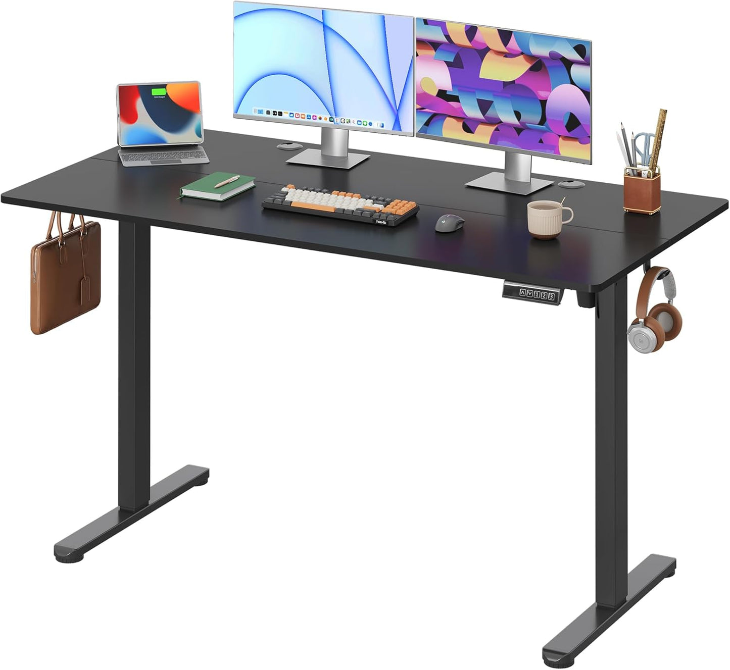 DEVAISE Electric Standing Desk, 63 X 28 Inches Adjustable Height Stand up Desk for Home Office, Large Ergonomic Sit to Stand Desk with Headphone Hook, 3 Memory Preset Computer Desk, Maple