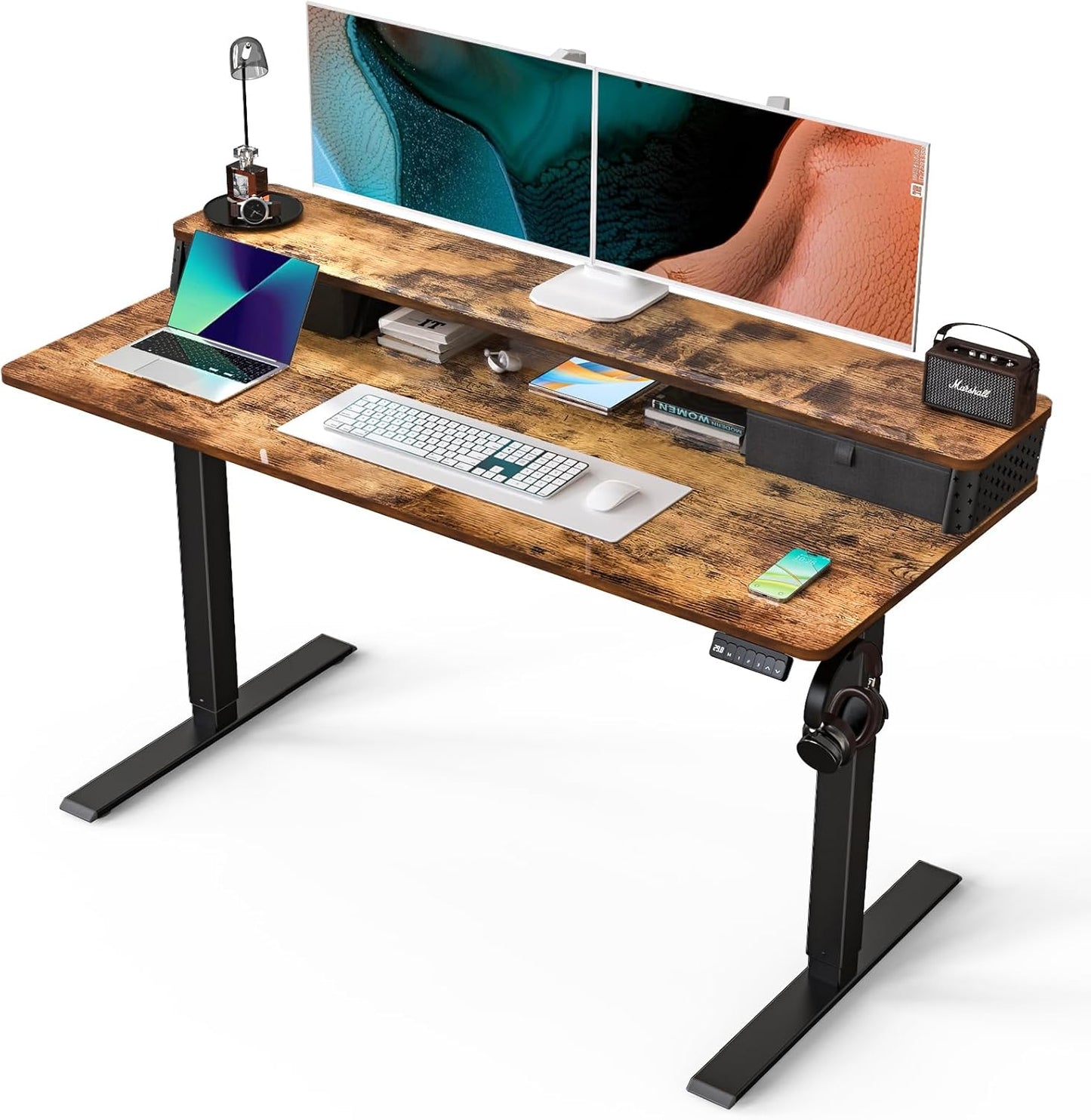 Electric Standing Desk with 2 Drawers 35''x 20'' Small Adjustable Height Sit to Stand Up Desk with Storage Shelf, C-Clamp Mount Compatible White Home Office Desks Computer Desk Ergonomic Workstation