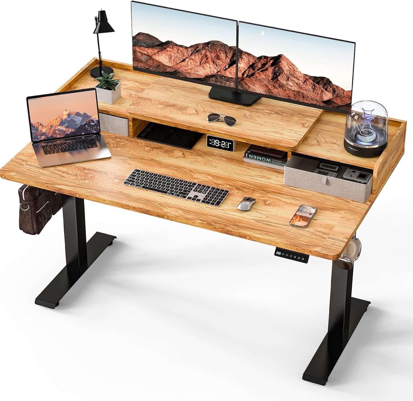 Electric Standing Desk with 2 Drawers 35''x 20'' Small Adjustable Height Sit to Stand Up Desk with Storage Shelf, C-Clamp Mount Compatible White Home Office Desks Computer Desk Ergonomic Workstation