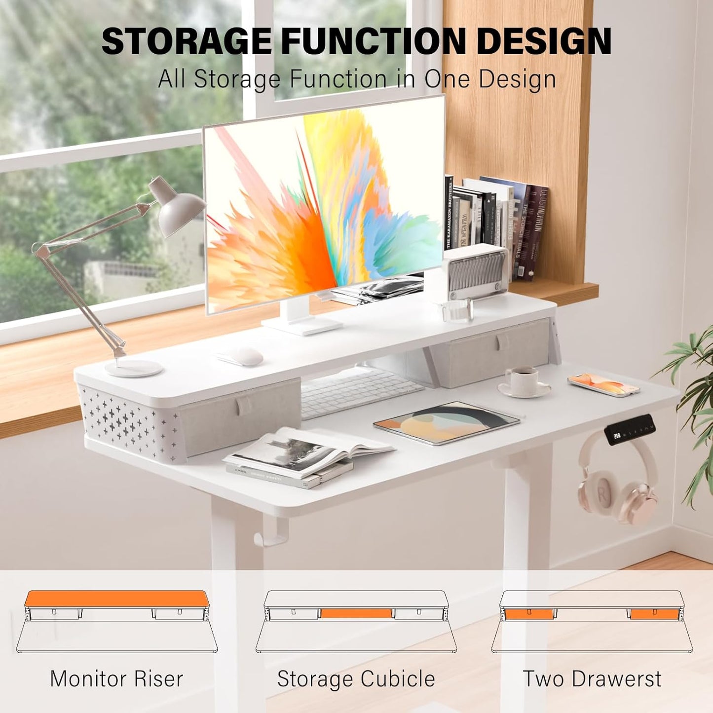 Electric Standing Desk with 2 Drawers 35''x 20'' Small Adjustable Height Sit to Stand Up Desk with Storage Shelf, C-Clamp Mount Compatible White Home Office Desks Computer Desk Ergonomic Workstation