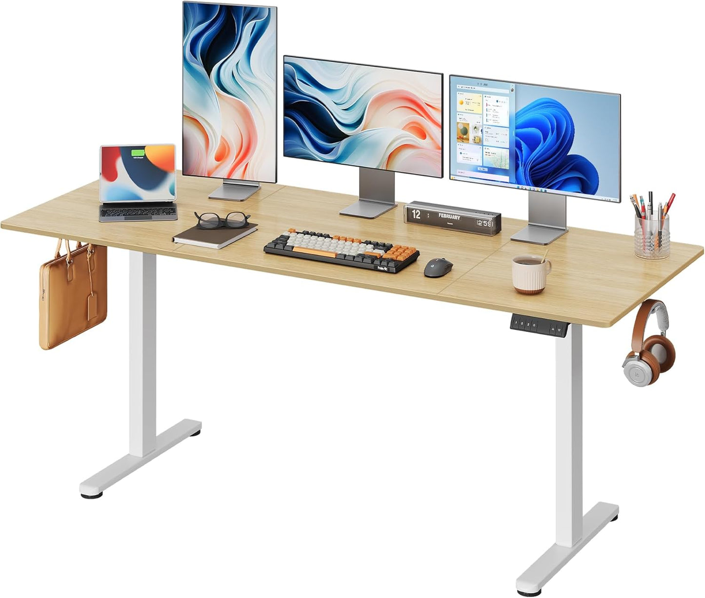 DEVAISE Electric Standing Desk, 63 X 28 Inches Adjustable Height Stand up Desk for Home Office, Large Ergonomic Sit to Stand Desk with Headphone Hook, 3 Memory Preset Computer Desk, Maple