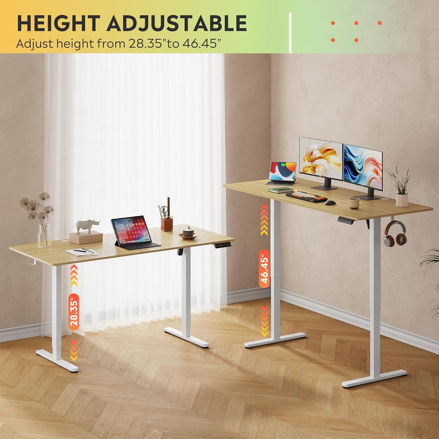 DEVAISE Electric Standing Desk, 63 X 28 Inches Adjustable Height Stand up Desk for Home Office, Large Ergonomic Sit to Stand Desk with Headphone Hook, 3 Memory Preset Computer Desk, Maple