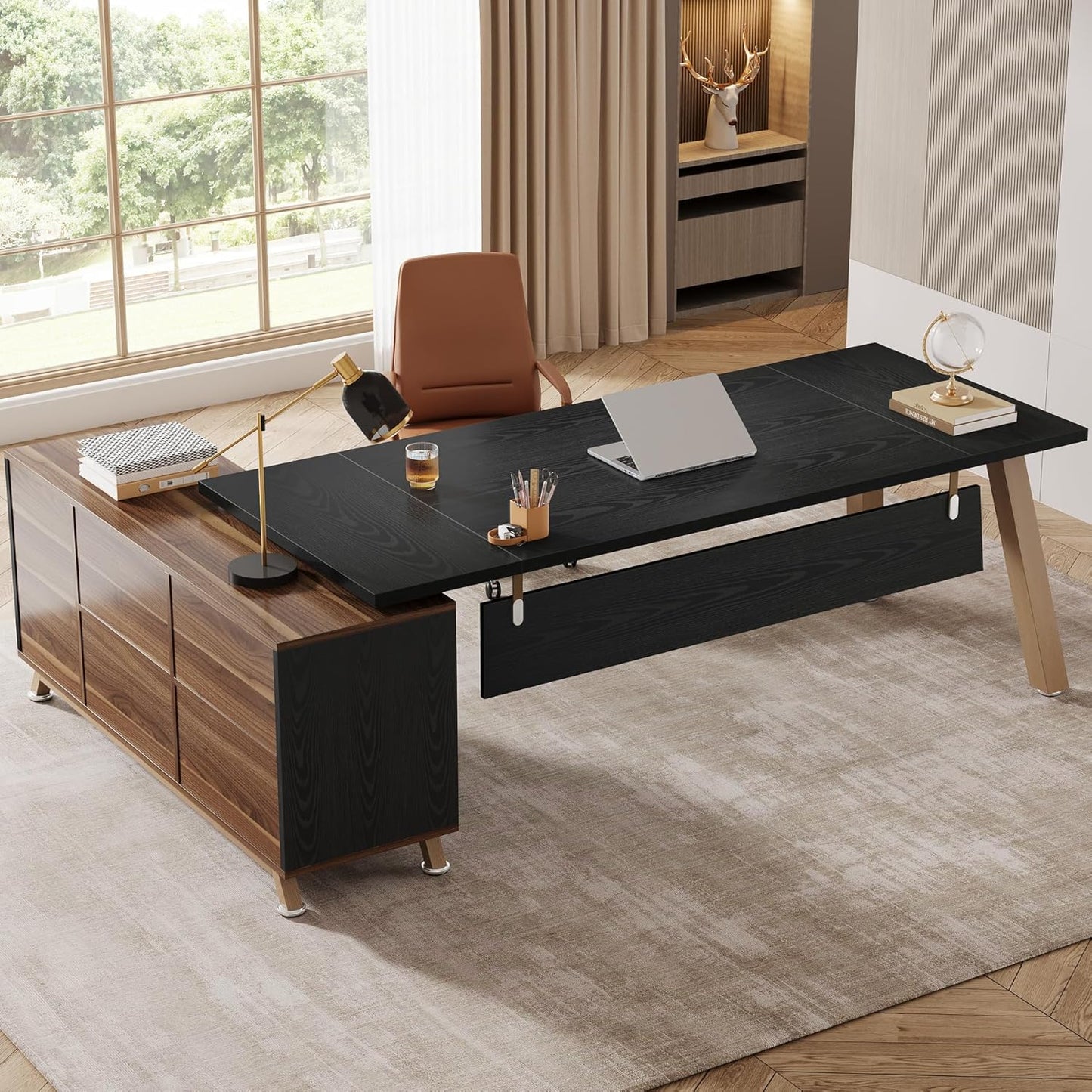 Tribesigns 78.7-Inch Executive Desk, L-Shaped Desk with 55-Inch Cabinet, Large Office Desk with Storage Shelves, Modern Computer Desk for Home Office, Walnut & White