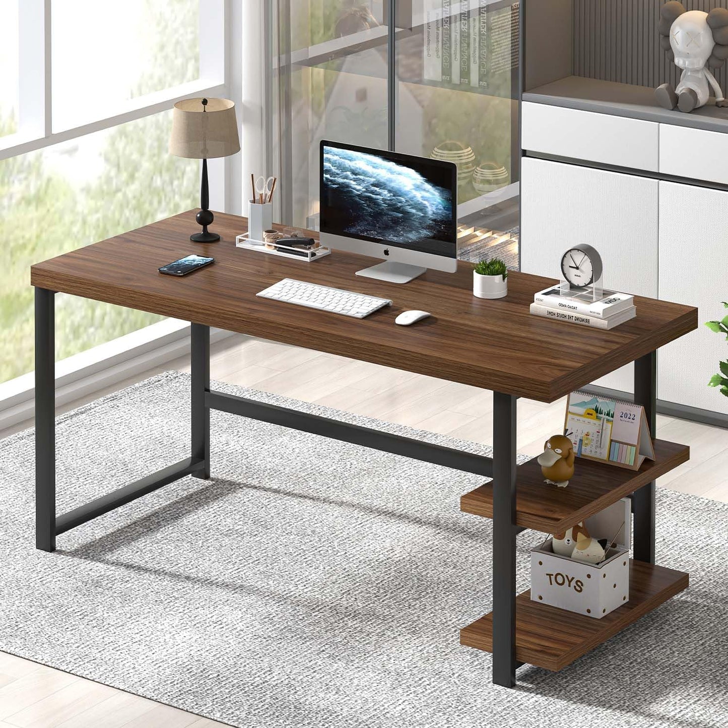 FOLUBAN Modern Computer Desk, Wood Home Office Desk, Study Writing Gaming Table Workstation with Storage Shelves for Living Room Bedroom, Rustic Walnut, 53 Inch