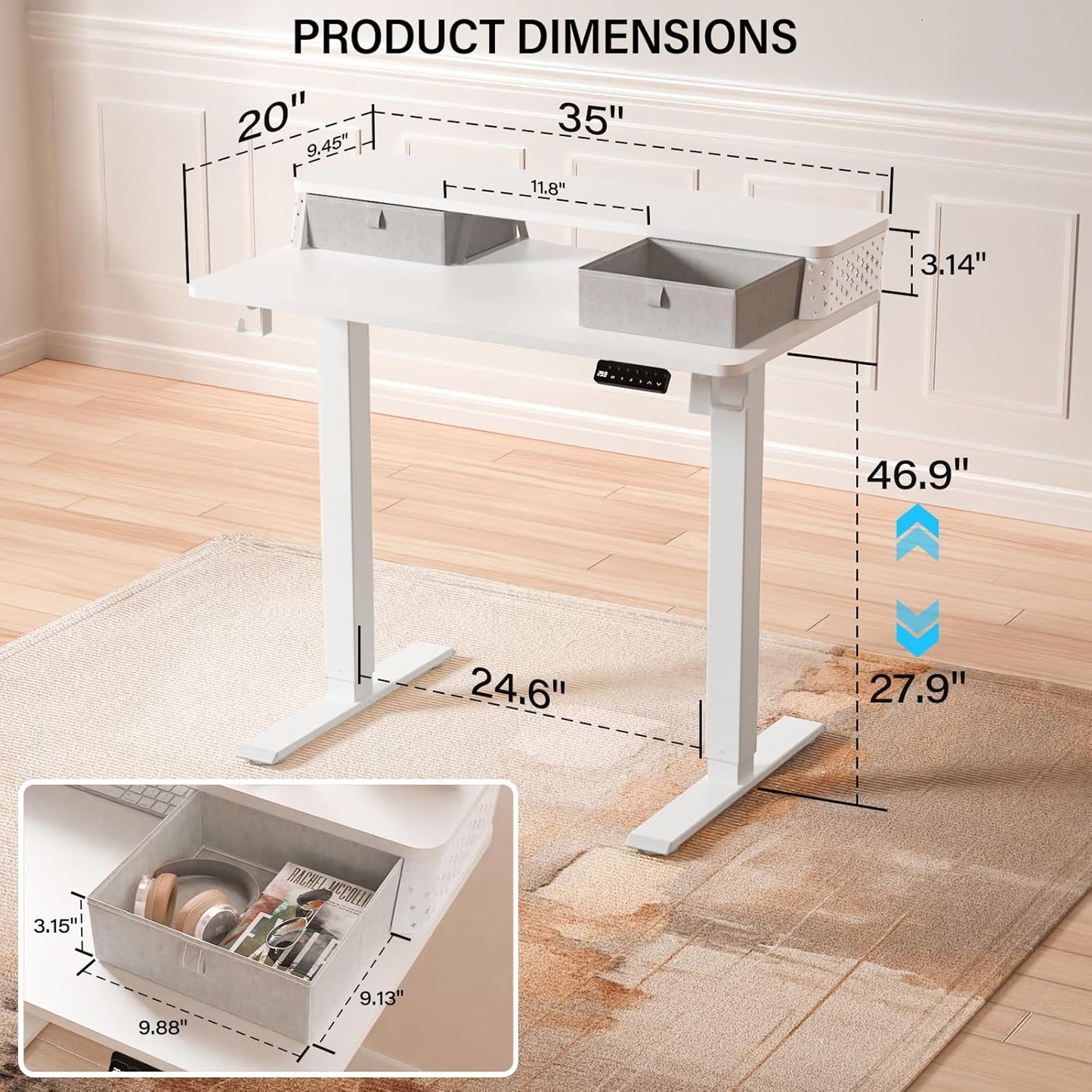 Electric Standing Desk with 2 Drawers 35''x 20'' Small Adjustable Height Sit to Stand Up Desk with Storage Shelf, C-Clamp Mount Compatible White Home Office Desks Computer Desk Ergonomic Workstation