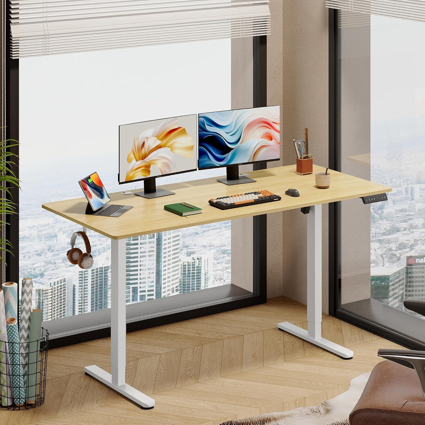 DEVAISE Electric Standing Desk, 63 X 28 Inches Adjustable Height Stand up Desk for Home Office, Large Ergonomic Sit to Stand Desk with Headphone Hook, 3 Memory Preset Computer Desk, Maple