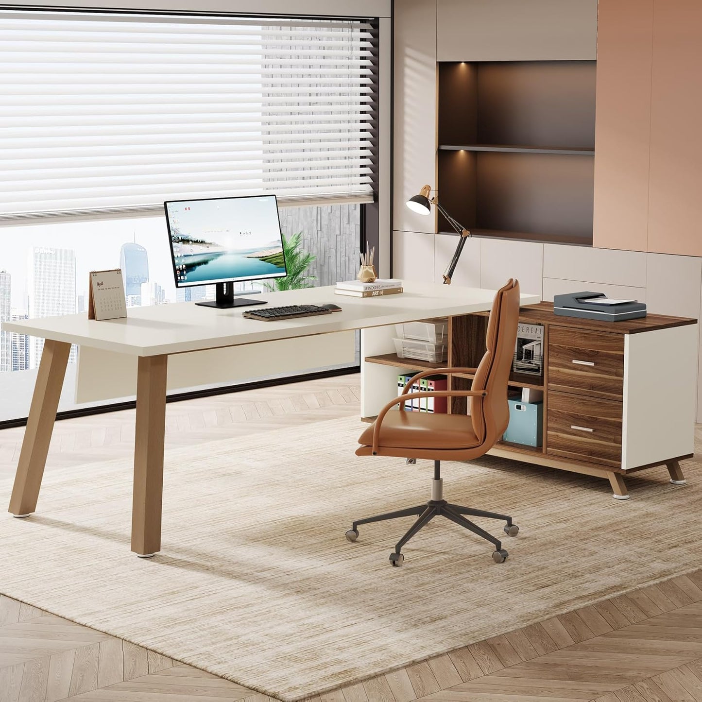 Tribesigns 78.7-Inch Executive Desk, L-Shaped Desk with 55-Inch Cabinet, Large Office Desk with Storage Shelves, Modern Computer Desk for Home Office, Walnut & White