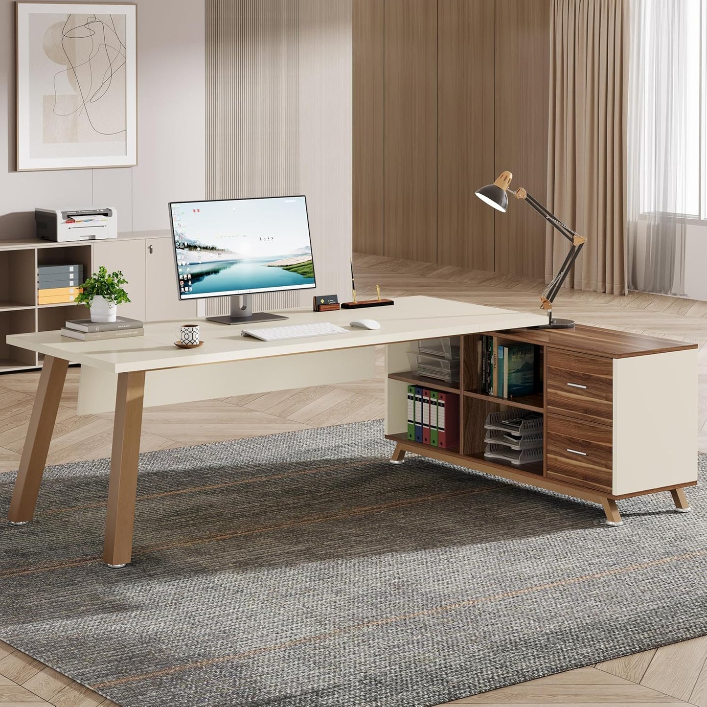 Tribesigns 78.7-Inch Executive Desk, L-Shaped Desk with 55-Inch Cabinet, Large Office Desk with Storage Shelves, Modern Computer Desk for Home Office, Walnut & White