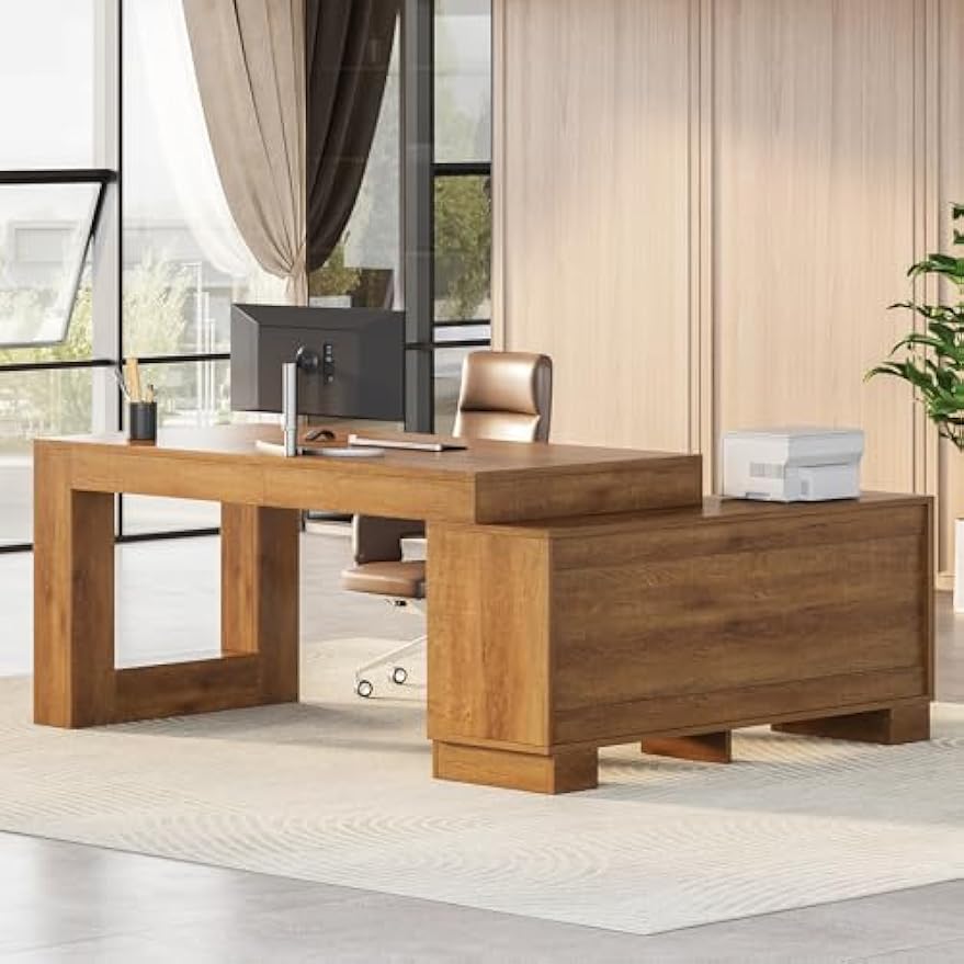 LITTLE TREE 63" L Shaped Executive Desk with Storage, Farmhouse Home Office Desk with 2-Tier Cabinets and Shelves, Large Wooden Computer Table Business Furniture Workstation Set, Brown