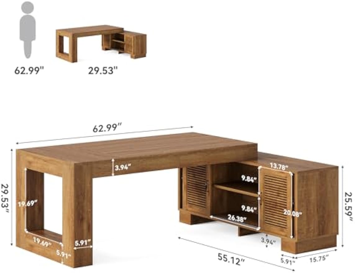 LITTLE TREE 63" L Shaped Executive Desk with Storage, Farmhouse Home Office Desk with 2-Tier Cabinets and Shelves, Large Wooden Computer Table Business Furniture Workstation Set, Brown