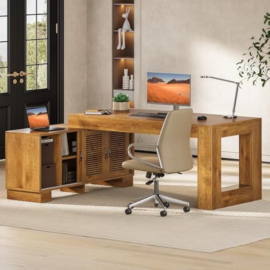 LITTLE TREE 63" L Shaped Executive Desk with Storage, Farmhouse Home Office Desk with 2-Tier Cabinets and Shelves, Large Wooden Computer Table Business Furniture Workstation Set, Brown