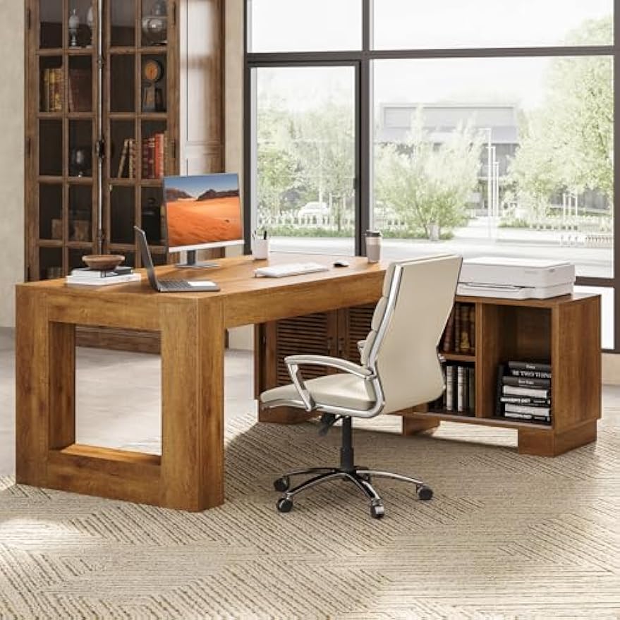 LITTLE TREE 63" L Shaped Executive Desk with Storage, Farmhouse Home Office Desk with 2-Tier Cabinets and Shelves, Large Wooden Computer Table Business Furniture Workstation Set, Brown