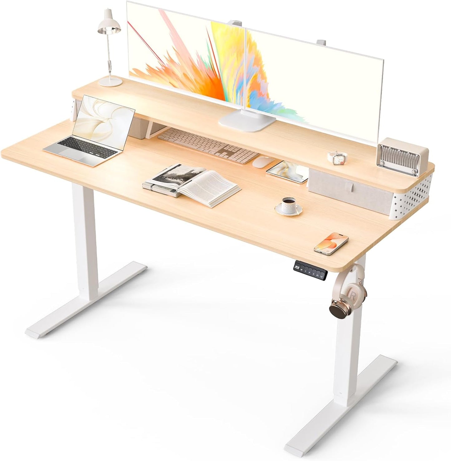 Electric Standing Desk with 2 Drawers 35''x 20'' Small Adjustable Height Sit to Stand Up Desk with Storage Shelf, C-Clamp Mount Compatible White Home Office Desks Computer Desk Ergonomic Workstation