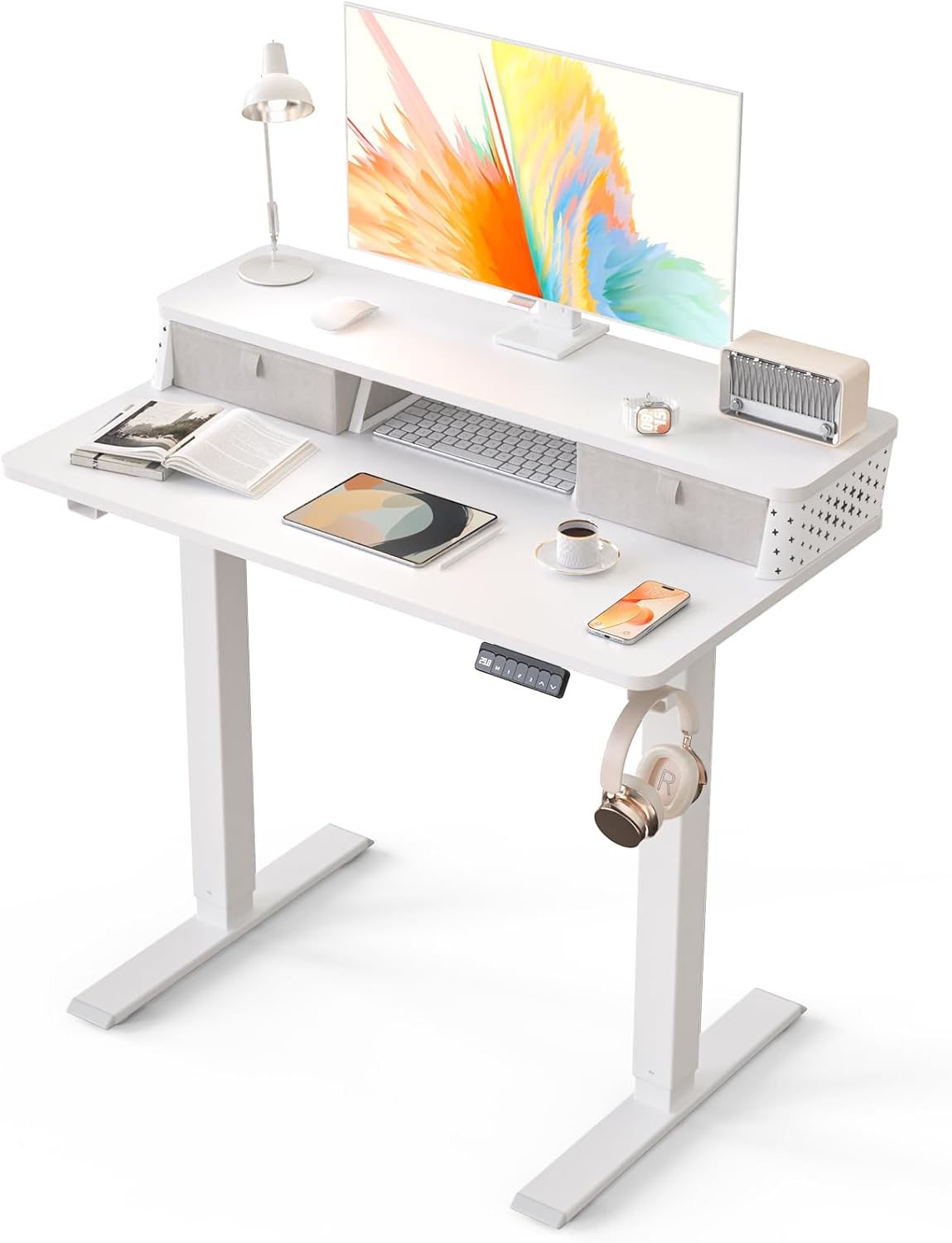 Electric Standing Desk with 2 Drawers 35''x 20'' Small Adjustable Height Sit to Stand Up Desk with Storage Shelf, C-Clamp Mount Compatible White Home Office Desks Computer Desk Ergonomic Workstation