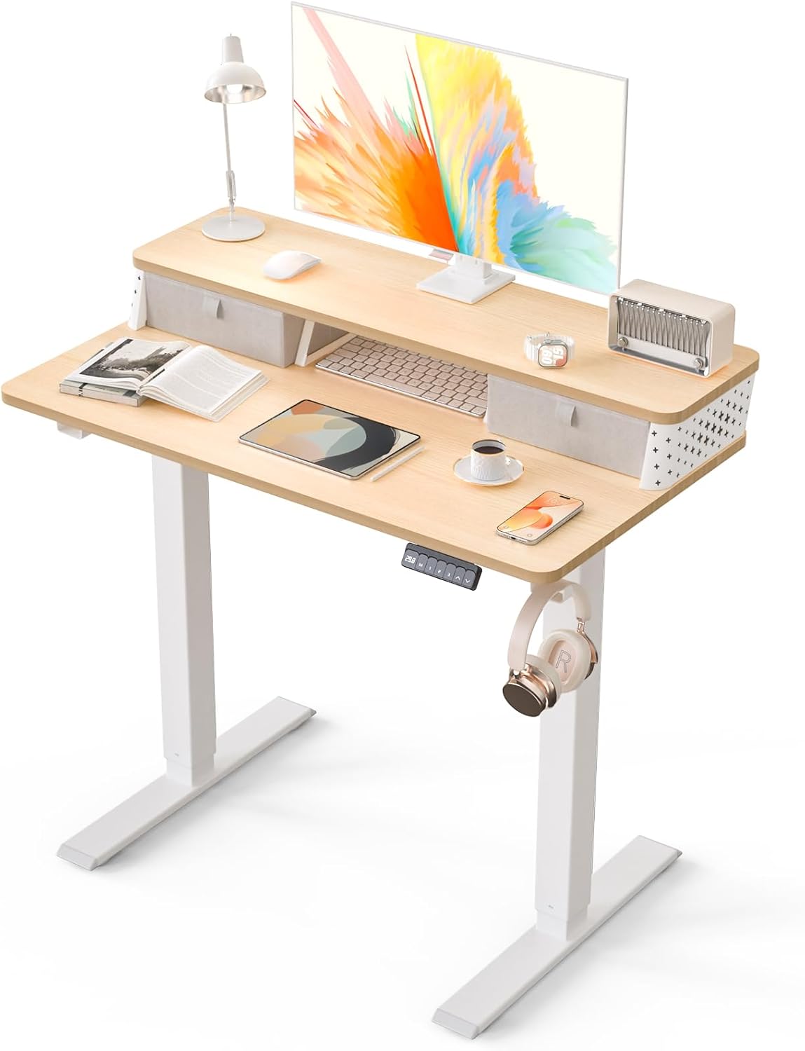 Electric Standing Desk with 2 Drawers 35''x 20'' Small Adjustable Height Sit to Stand Up Desk with Storage Shelf, C-Clamp Mount Compatible White Home Office Desks Computer Desk Ergonomic Workstation