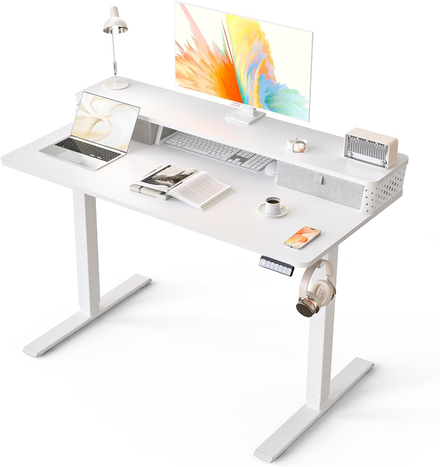 Electric Standing Desk with 2 Drawers 35''x 20'' Small Adjustable Height Sit to Stand Up Desk with Storage Shelf, C-Clamp Mount Compatible White Home Office Desks Computer Desk Ergonomic Workstation