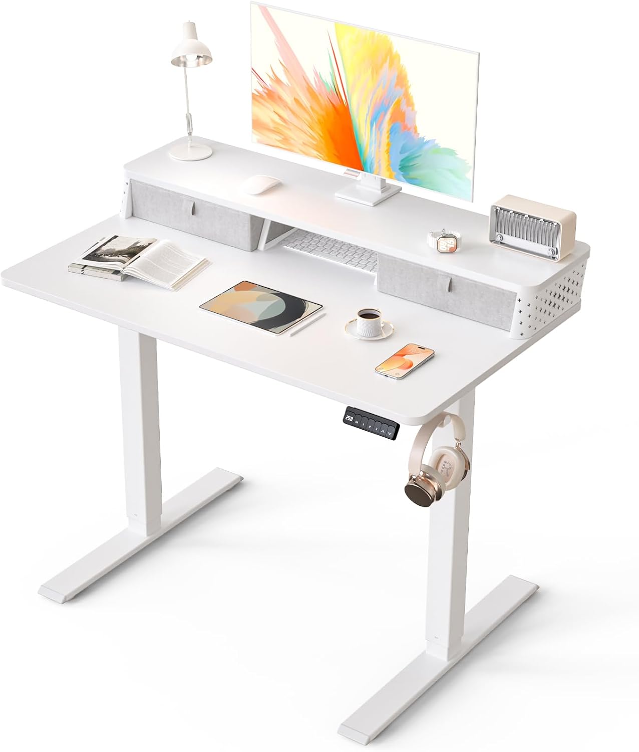 Electric Standing Desk with 2 Drawers 35''x 20'' Small Adjustable Height Sit to Stand Up Desk with Storage Shelf, C-Clamp Mount Compatible White Home Office Desks Computer Desk Ergonomic Workstation