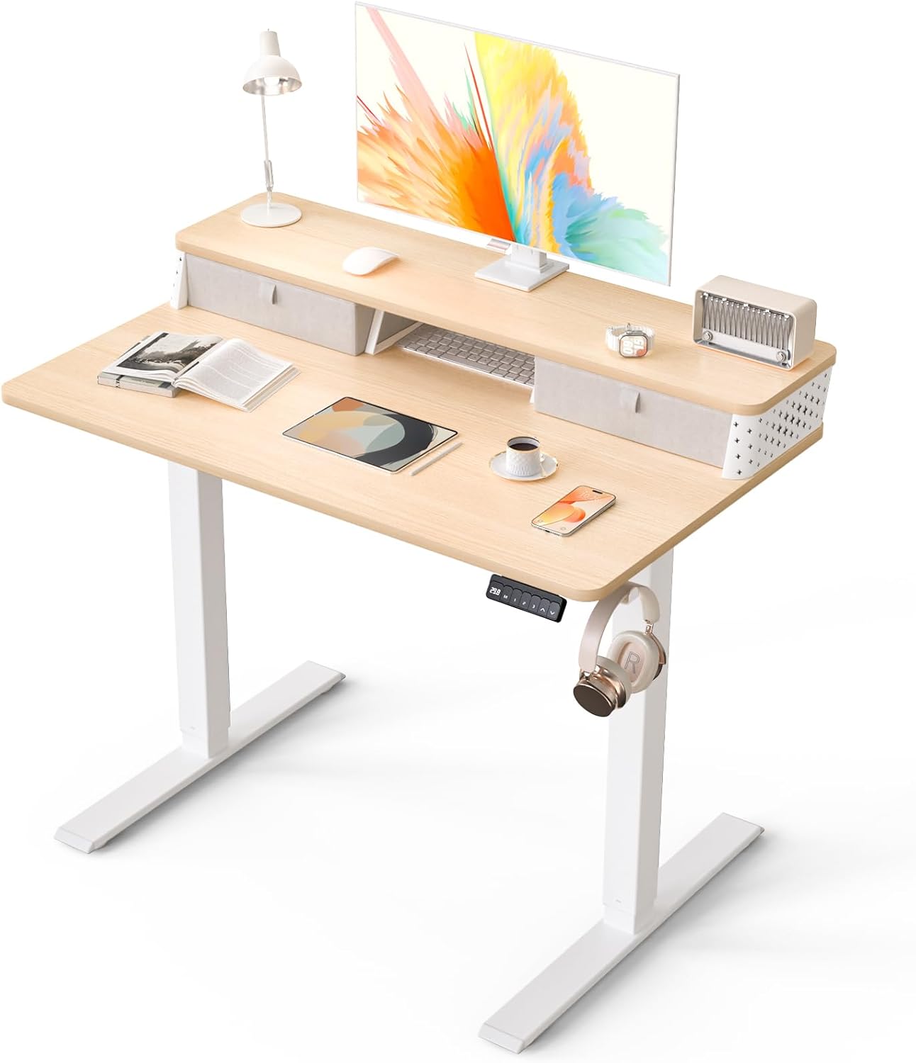 Electric Standing Desk with 2 Drawers 35''x 20'' Small Adjustable Height Sit to Stand Up Desk with Storage Shelf, C-Clamp Mount Compatible White Home Office Desks Computer Desk Ergonomic Workstation