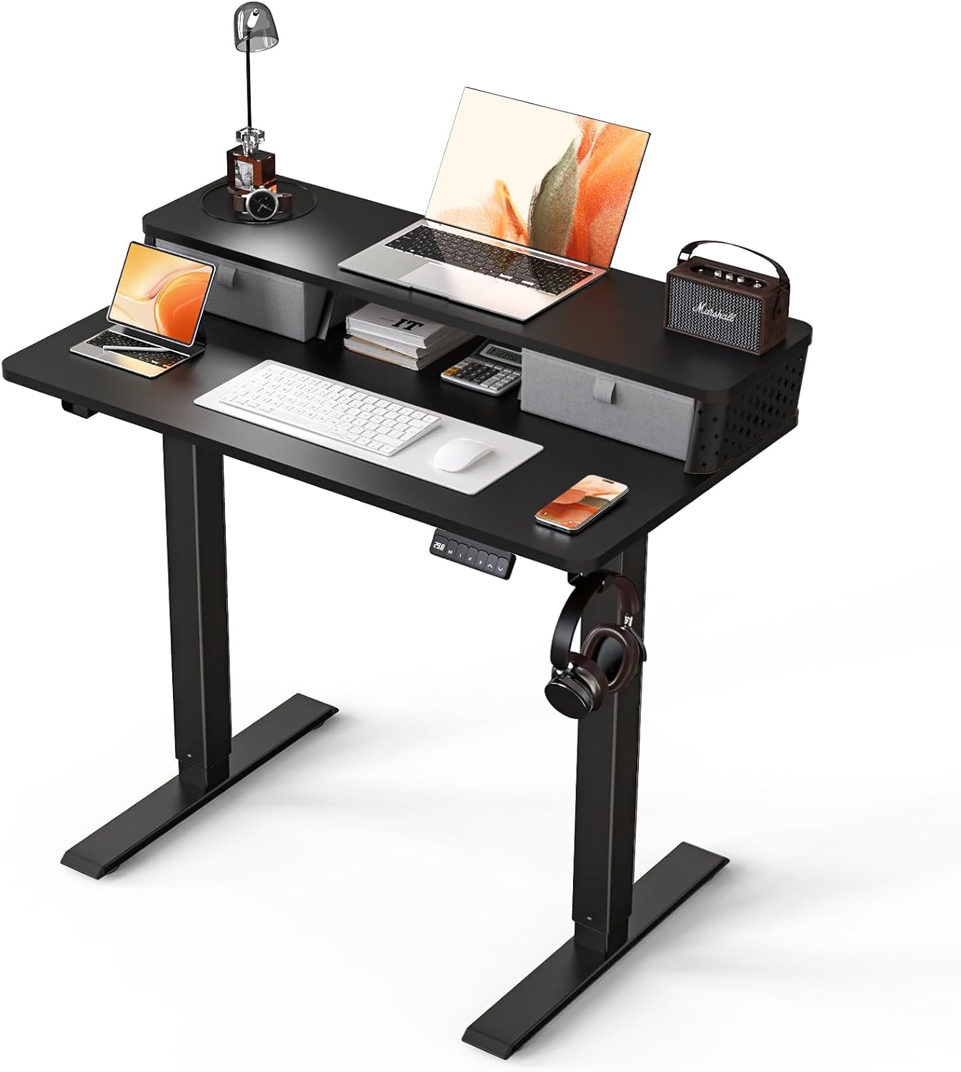 Electric Standing Desk with 2 Drawers 35''x 20'' Small Adjustable Height Sit to Stand Up Desk with Storage Shelf, C-Clamp Mount Compatible White Home Office Desks Computer Desk Ergonomic Workstation