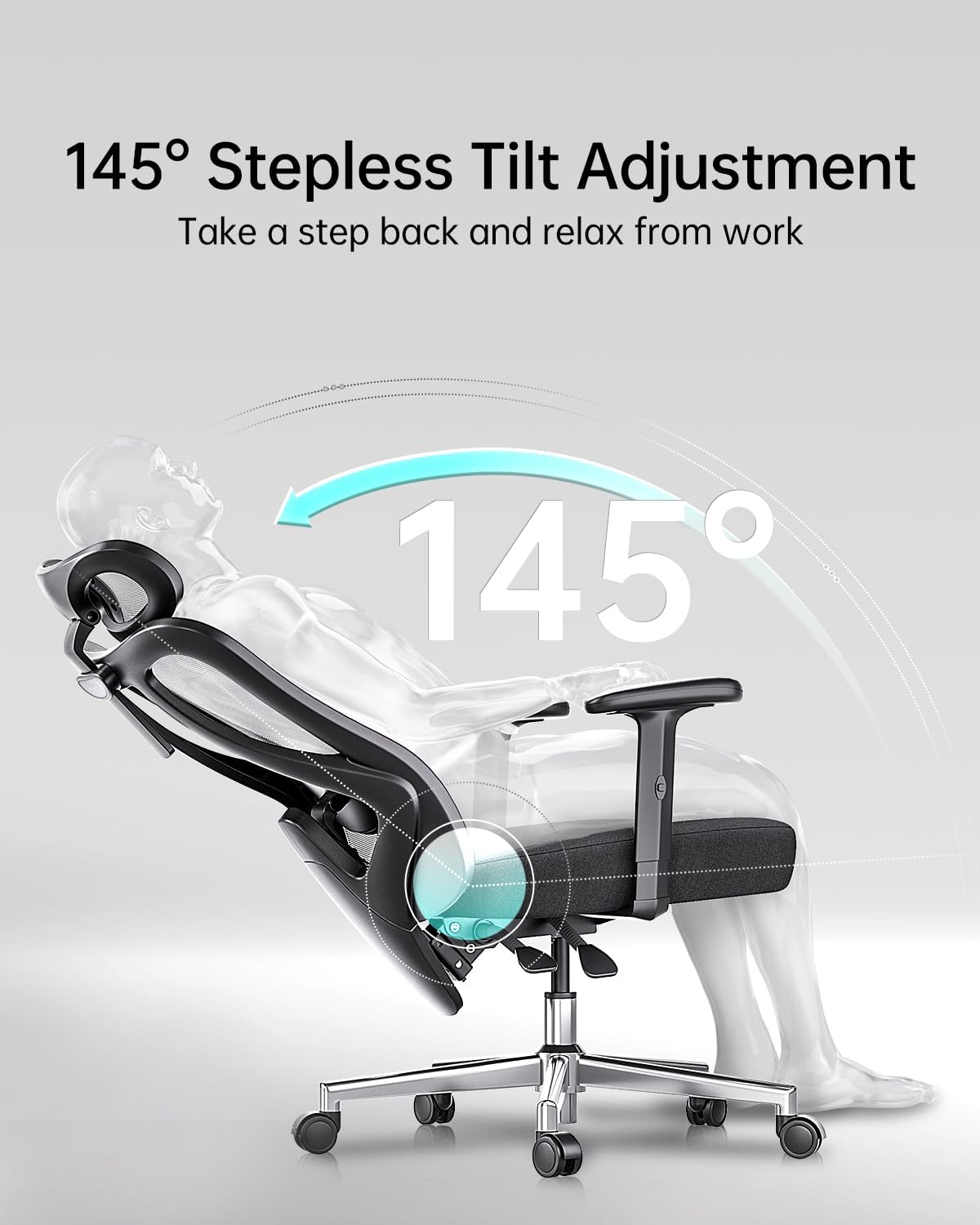 Hbada P3 Ergonnomic Office Chair with 2D Adjustable Lumbar Support, Office Chair with Adjustable Headrest and Armrest, 145° Stepless Tilt Function, Black(No Footrest)
