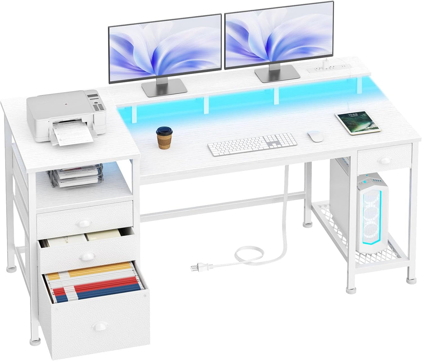 Furologee 60" Office Computer Desk with 4 Drawers,Gaming Desk with LED Lights and Power Outlets,Long Desk with Fabric File Cabinet,Study Work Table with Shelf for Bedroom Home Office,Rustic Brown