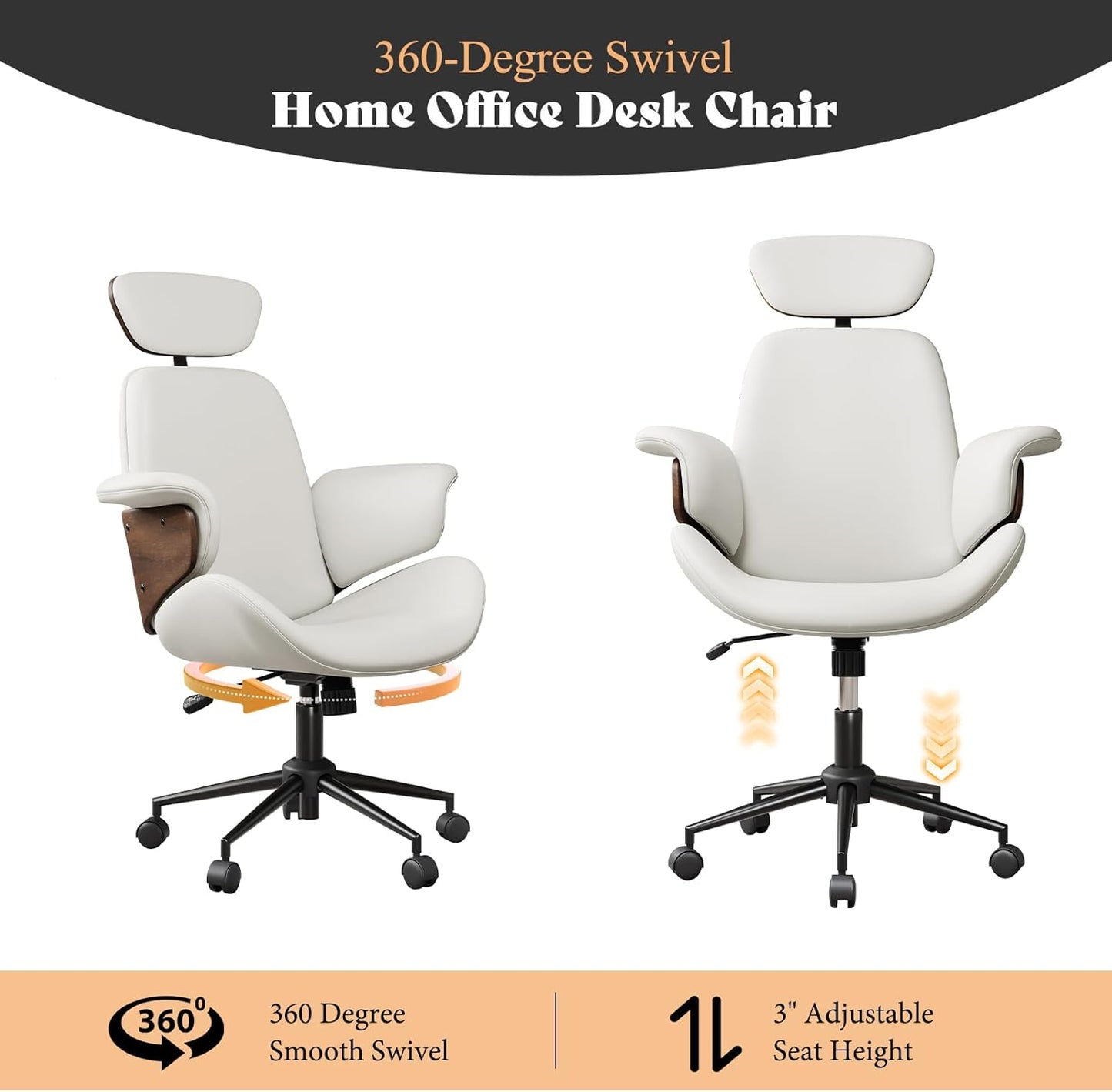 AMERLIFE Home Office Chair with Wheels and Bentwood Arms, PU Leather Swivel Desk Chair with Lumbar Support and Headrest, Height Adjustable Modern Computer Chair for Office, Study, White