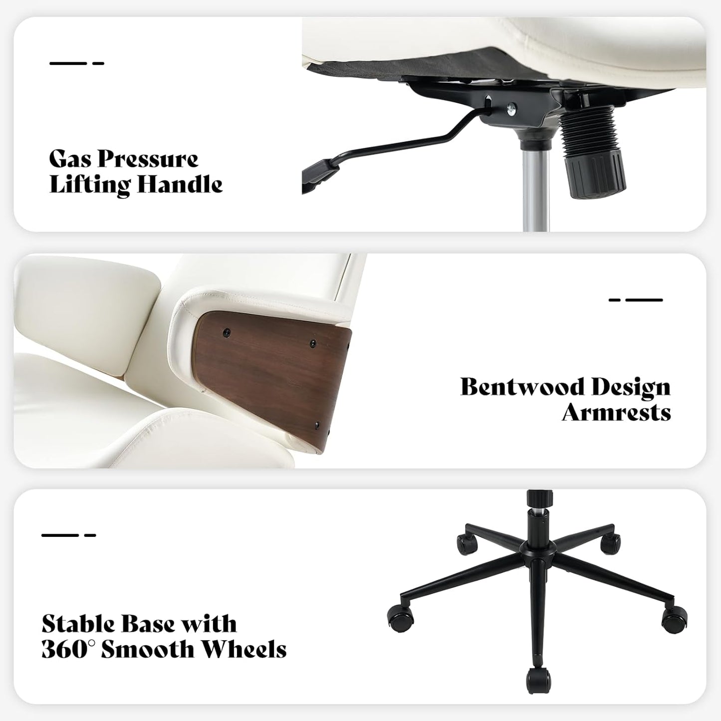 AMERLIFE Home Office Chair with Wheels and Bentwood Arms, PU Leather Swivel Desk Chair with Lumbar Support and Headrest, Height Adjustable Modern Computer Chair for Office, Study, White
