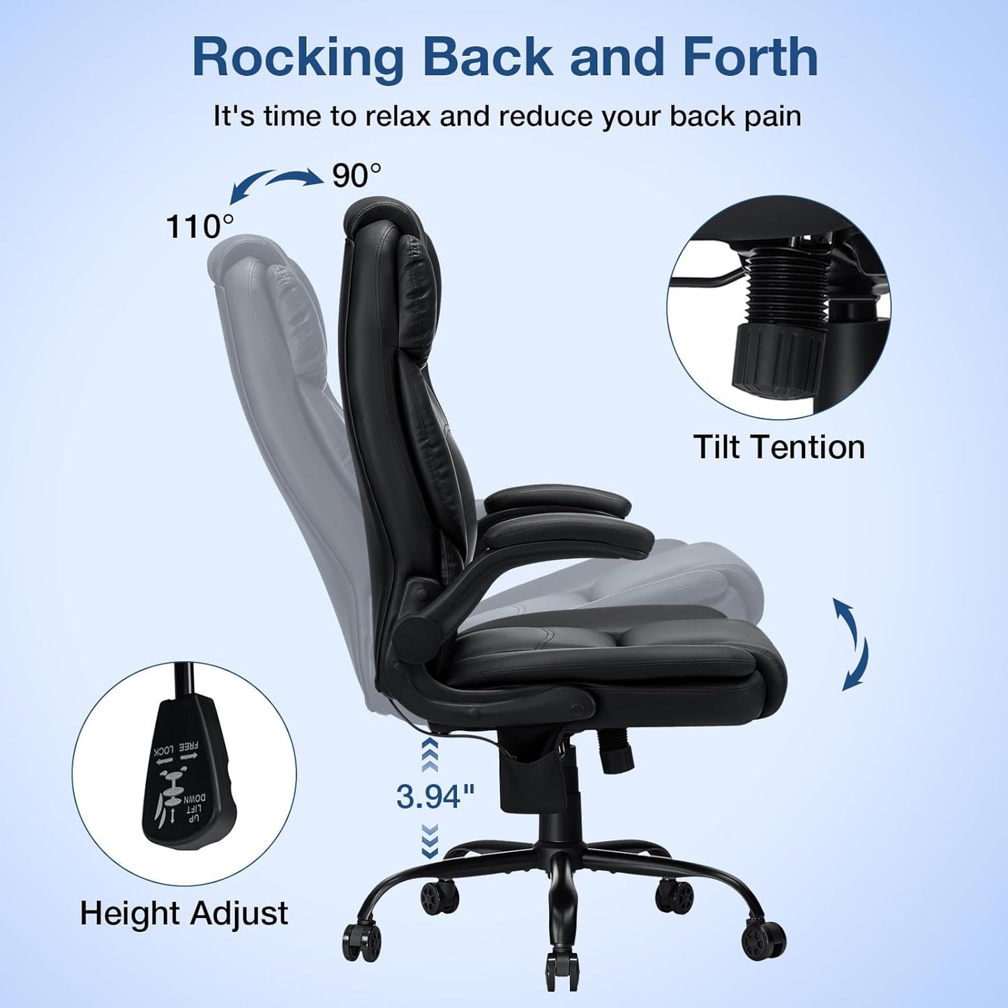 Executive Office Chair Big and Tall 450lbs Heavy Duty Office Chair with Adjustable Lumbar Support High Back Ergonomic Home Computer Leather Chair with Padded Flip-up Arms for Heavy People,Black