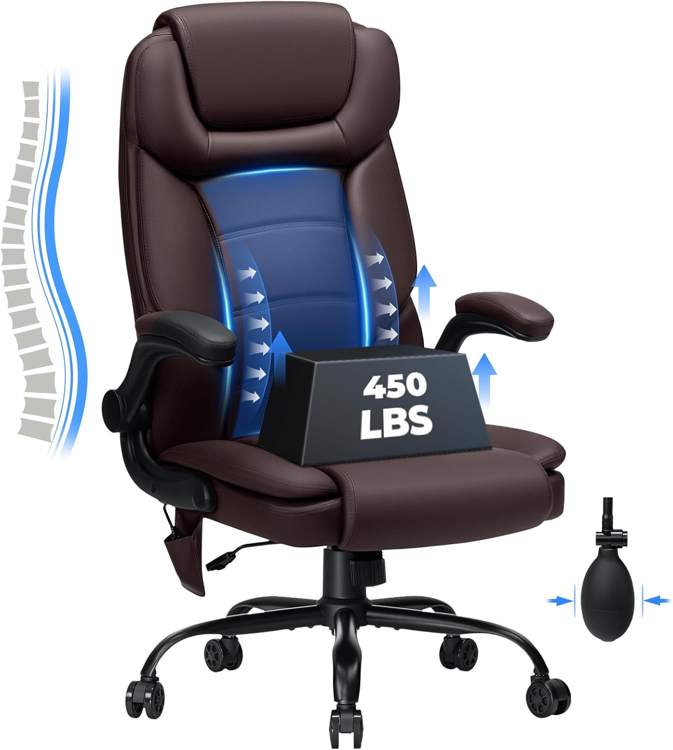 Executive Office Chair Big and Tall 450lbs Heavy Duty Office Chair with Adjustable Lumbar Support High Back Ergonomic Home Computer Leather Chair with Padded Flip-up Arms for Heavy People,Black