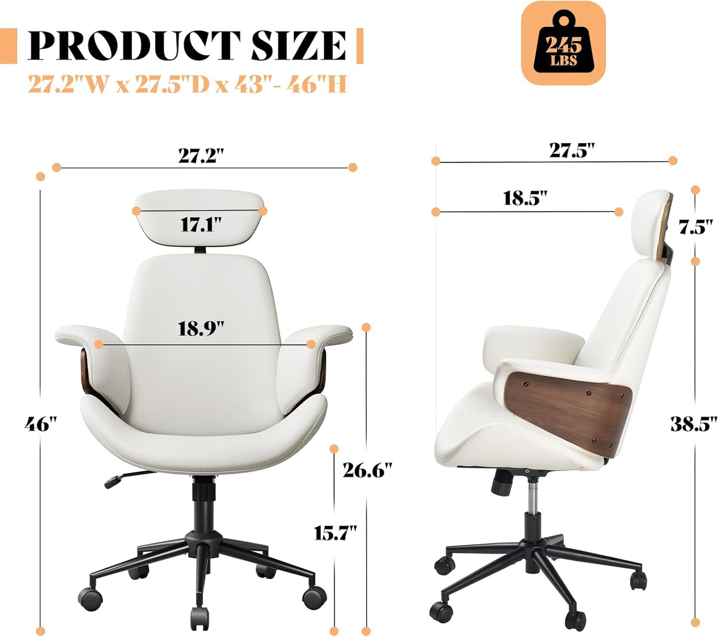 AMERLIFE Home Office Chair with Wheels and Bentwood Arms, PU Leather Swivel Desk Chair with Lumbar Support and Headrest, Height Adjustable Modern Computer Chair for Office, Study, White