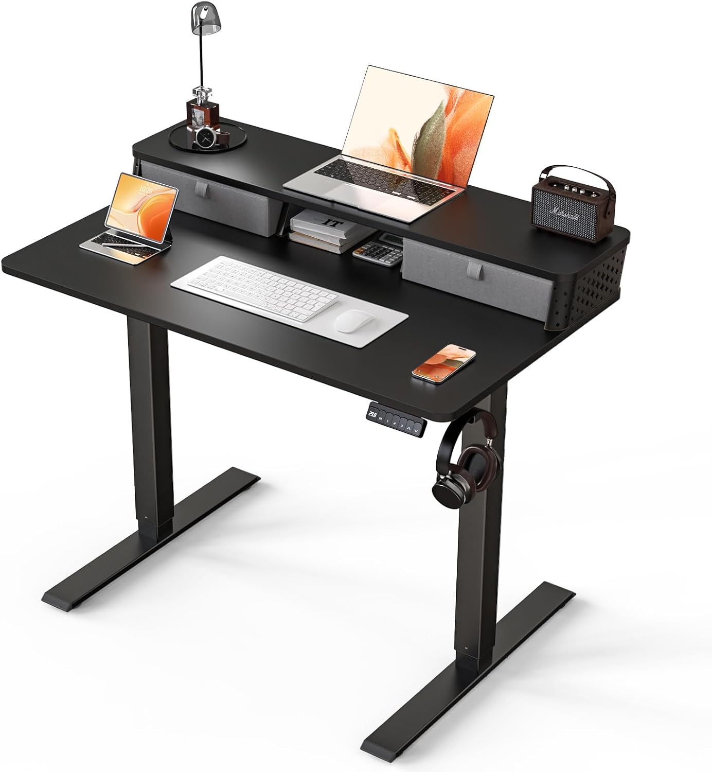 Electric Standing Desk with 2 Drawers 35''x 20'' Small Adjustable Height Sit to Stand Up Desk with Storage Shelf, C-Clamp Mount Compatible White Home Office Desks Computer Desk Ergonomic Workstation