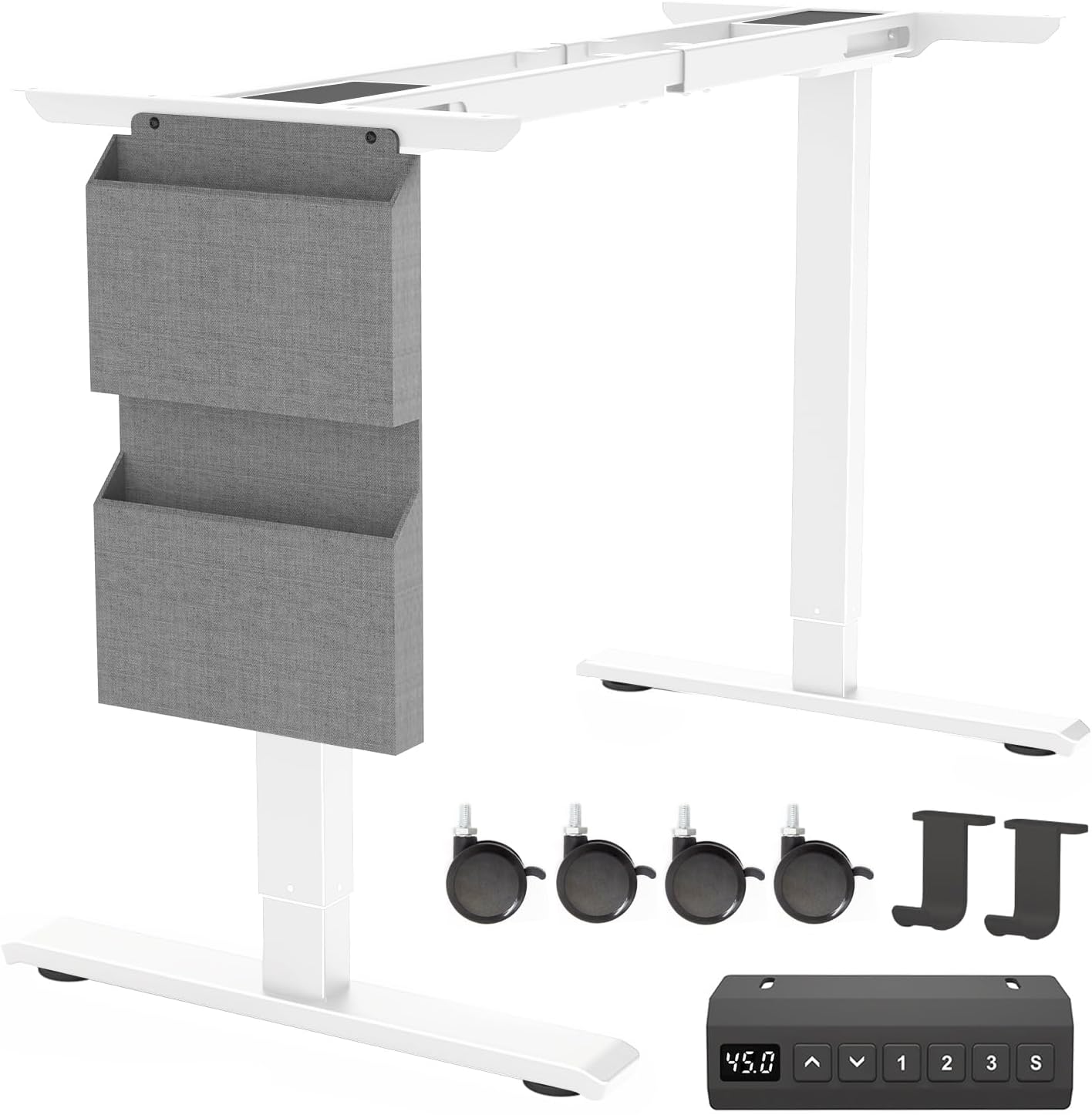 Dual Motor Standing Desk Frame Electric Adjustable Legs, Workstation Standing Desk Legs, with Storage Bag, Headphone Hook, and Caster Wheels