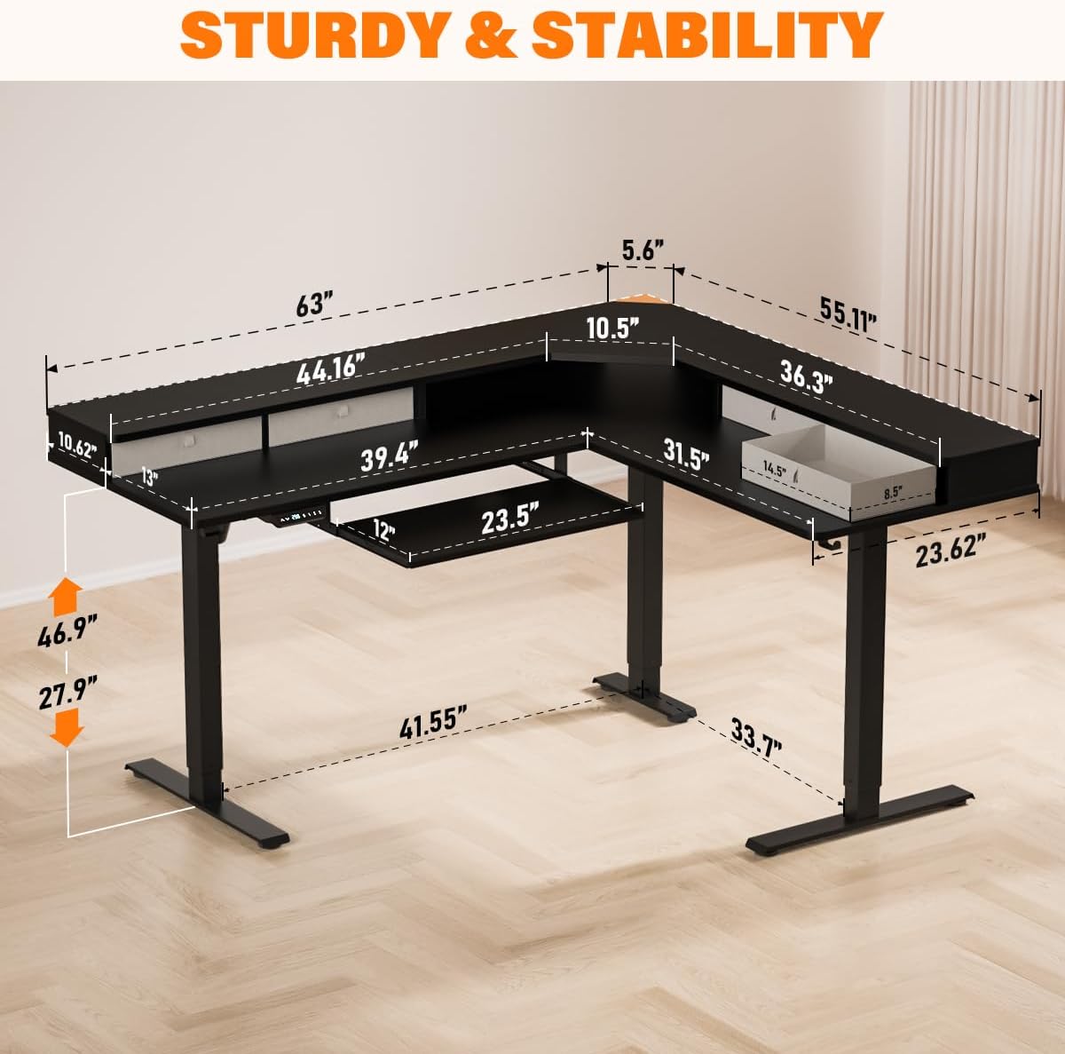 Kingant 63″x55″ L Shaped Electric Standing Desk with A/C Charging Port & Storage, Height Adjustable Corner Computer Gaming Table, Home Office Sit Stand Up Desk & Cable Management, Black