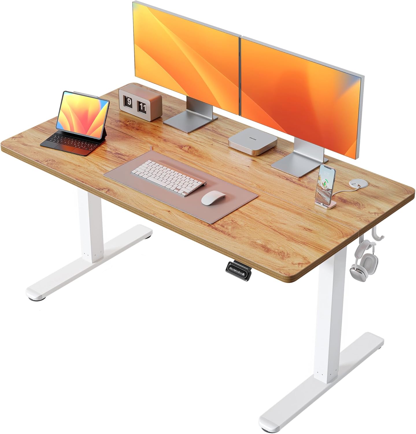 FEZIBO 40 x 24 Inchs Electric Standing Desk, Height Adjustable, Sit Stand Up, Computer Office Desk with Splice Board, White Frame/Light Rustic Top