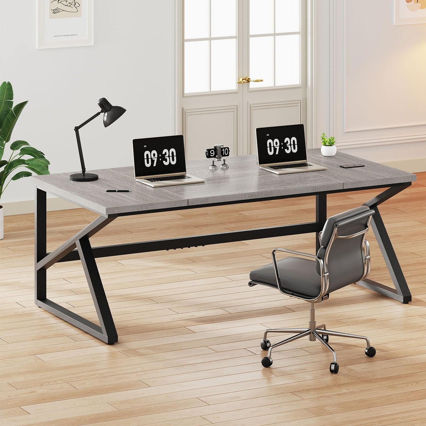 IBF Large Computer Desk, Rustic 70 Inch Long Home Office Metal Wood Desk, Industrial Big 2 Person Table for Executive Writing Study Gaming Workstation, Farmhouse Bedroom PC Laptop Double Desk