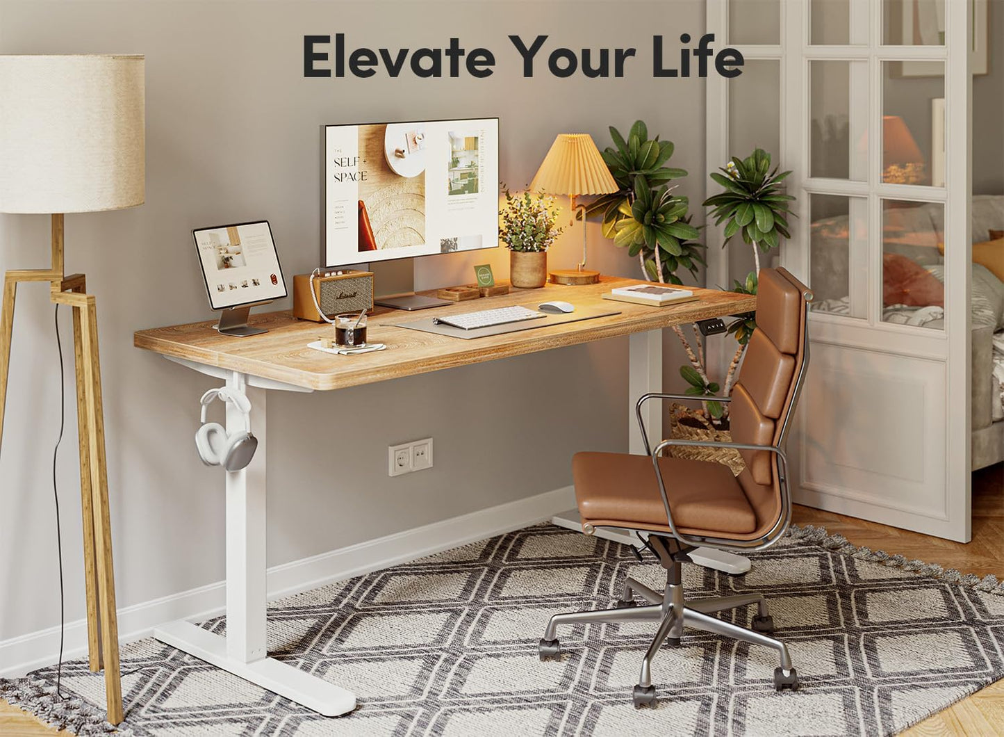 FEZIBO 40 x 24 Inchs Electric Standing Desk, Height Adjustable, Sit Stand Up, Computer Office Desk with Splice Board, White Frame/Light Rustic Top