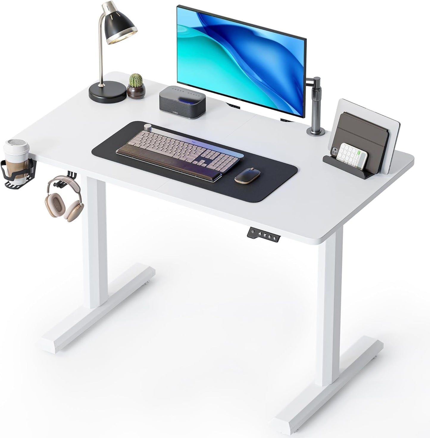 FEZIBO Height Adjustable Electric Standing Desk, 55 x 24 Inches Stand up Table, Sit Stand Home Office Desk with Splice Board, White